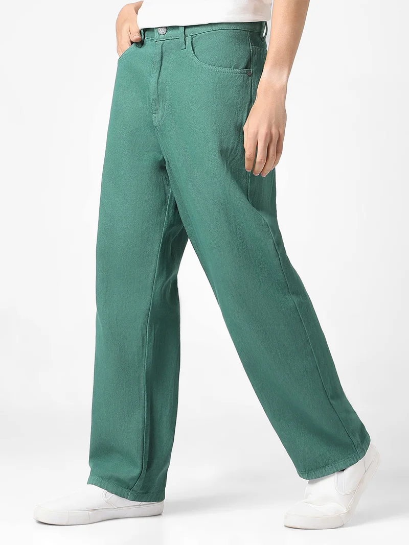 Urbano Fashion  Urbano Fashion Men's Dark Green Loose Baggy Fit Washed Jeans Non-Stretchable  | Best Price UAE