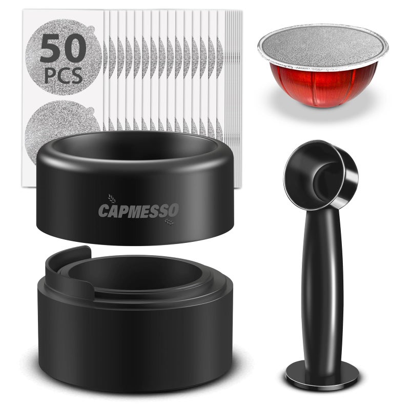 CAPMESSO Reusable Vertuoline Pod Refill Kit 2024 Innovative for Faster Seal Reusable Vertuoline Pods with Fill Press Brush50pcs Aluminum Lids for Vertuoline Pod 50 Lids1 Holder1 ScoopNO PODS