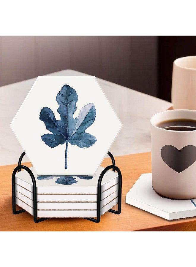 Urbane Home Urbane Home Set of 6 Diatomite Leaf Print Hexagon Coasters with Cork Steel Holder Stand for Hot Pots - Water Absorbent Tea Cup & Water Glass Cover Top Lid | White-SOV003-05  - Image 1