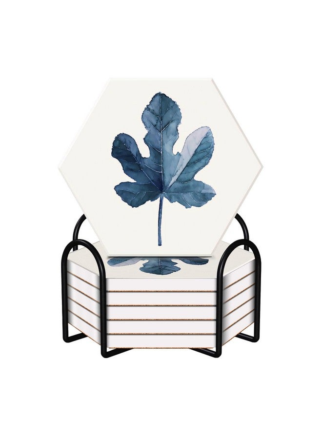 Urbane Home Urbane Home Set of 6 Diatomite Leaf Print Hexagon Coasters with Cork Steel Holder Stand for Hot Pots - Water Absorbent Tea Cup & Water Glass Cover Top Lid | White-SOV003-05  - Image 2