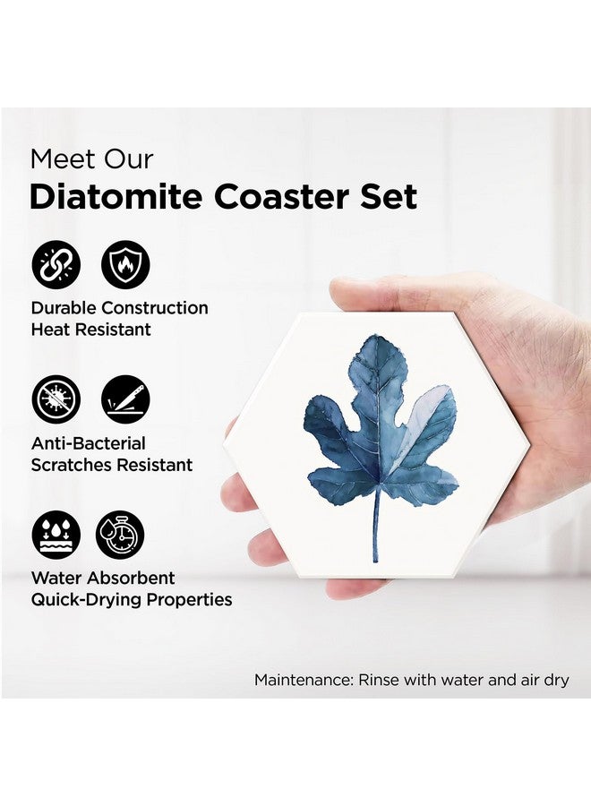 Urbane Home Urbane Home Set of 6 Diatomite Leaf Print Hexagon Coasters with Cork Steel Holder Stand for Hot Pots - Water Absorbent Tea Cup & Water Glass Cover Top Lid | White-SOV003-05  - Image 3