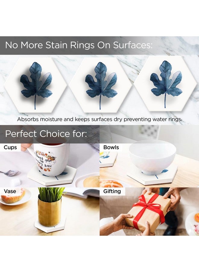 Urbane Home Urbane Home Set of 6 Diatomite Leaf Print Hexagon Coasters with Cork Steel Holder Stand for Hot Pots - Water Absorbent Tea Cup & Water Glass Cover Top Lid | White-SOV003-05  - Image 5
