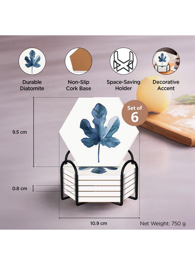 Urbane Home Urbane Home Set of 6 Diatomite Leaf Print Hexagon Coasters with Cork Steel Holder Stand for Hot Pots - Water Absorbent Tea Cup & Water Glass Cover Top Lid | White-SOV003-05  - Image 4