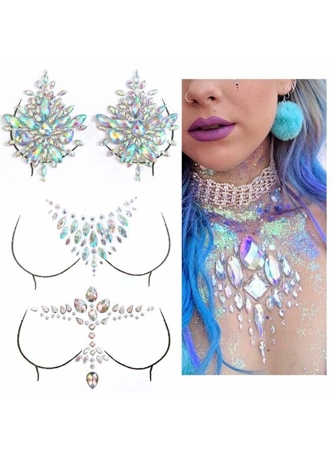 MANGOIT Breast Jewels Tattoo Rhinestone Chest Sticker Temporary Tattoo Glitter Breast Body Gems Tattoo Sticker Body Art Decor Jewel Paste for Festival Makeup(3 Sets) - Image 1