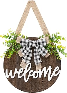 Dahey Rustic Welcome Sign with Artificial Eucalyptus Front Door Decor Round Wood Hanging Sign Farmhouse Porch - Image 1