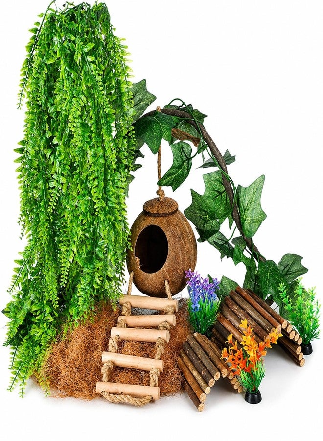HERCOCCI Crested Gecko Tank Accessories, Reptile Hanging Plants Vines with Natural Coconut Shell Hideout & Climbing Ladder Decor for Hermit Crab Lizard Leopard Gecko Chameleon Snake Terrarium Decor - Image 1