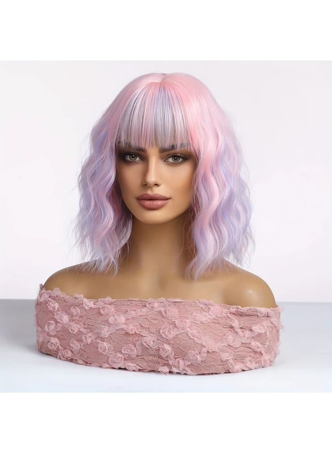 Summer Wig Highlighted Pink Short Curly Fiber Hair 14 Inch Head Cover - Image 5