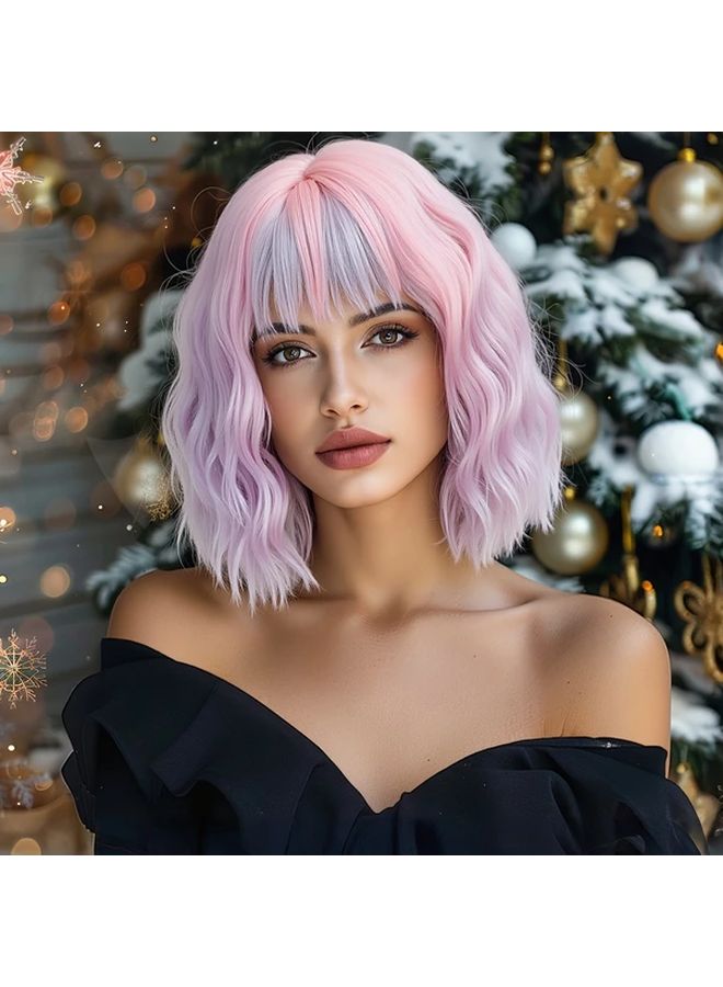 Summer Wig Highlighted Pink Short Curly Fiber Hair 14 Inch Head Cover - Image 1