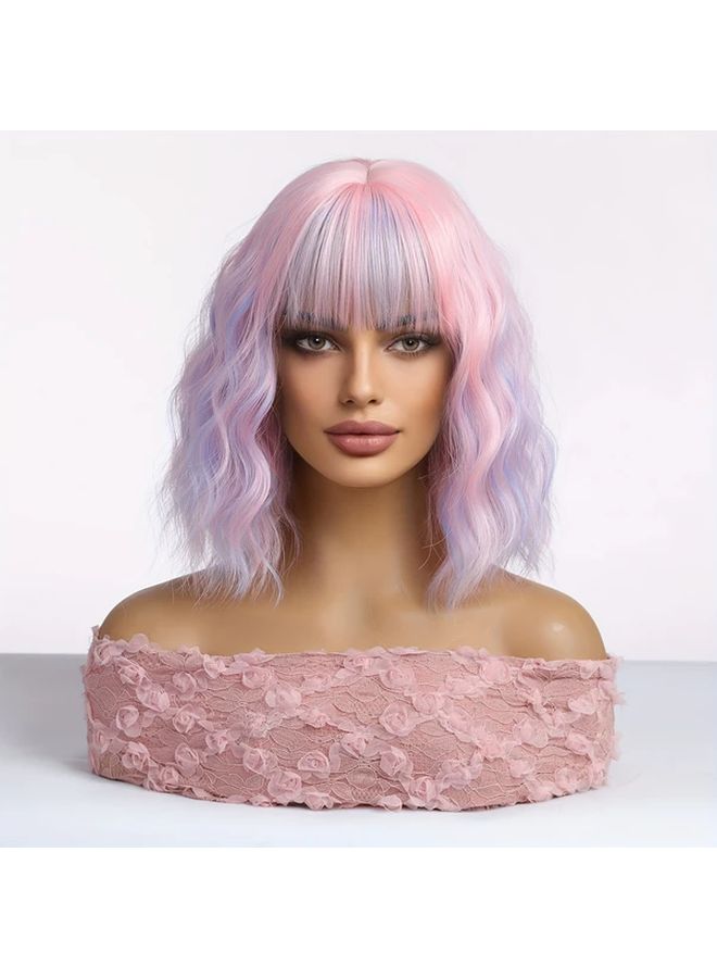 Summer Wig Highlighted Pink Short Curly Fiber Hair 14 Inch Head Cover - Image 2