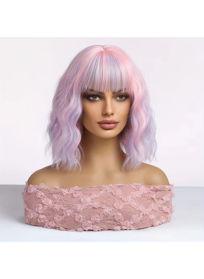 Summer Wig Highlighted Pink Short Curly Fiber Hair 14 Inch Head Cover - Image 3