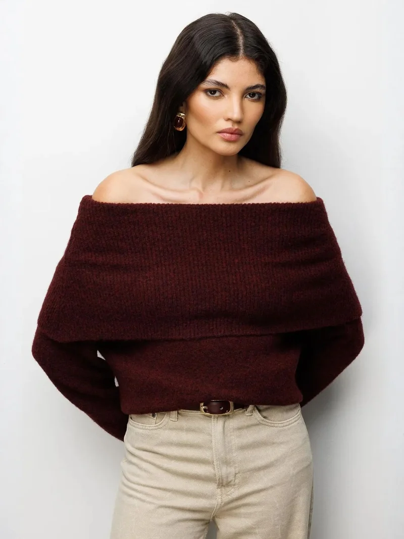 MixRay MIXRAY Loose Fit Ribbed Madonna Collar Sweater