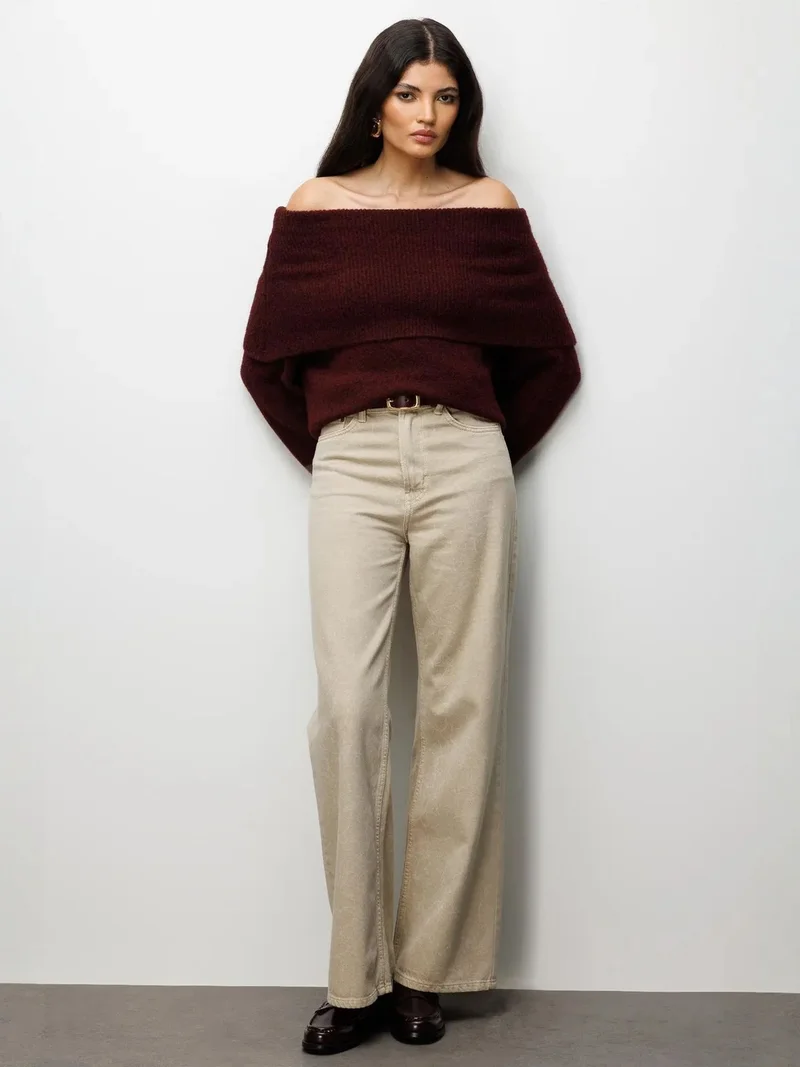 MixRay MIXRAY Loose Fit Ribbed Madonna Collar Sweater