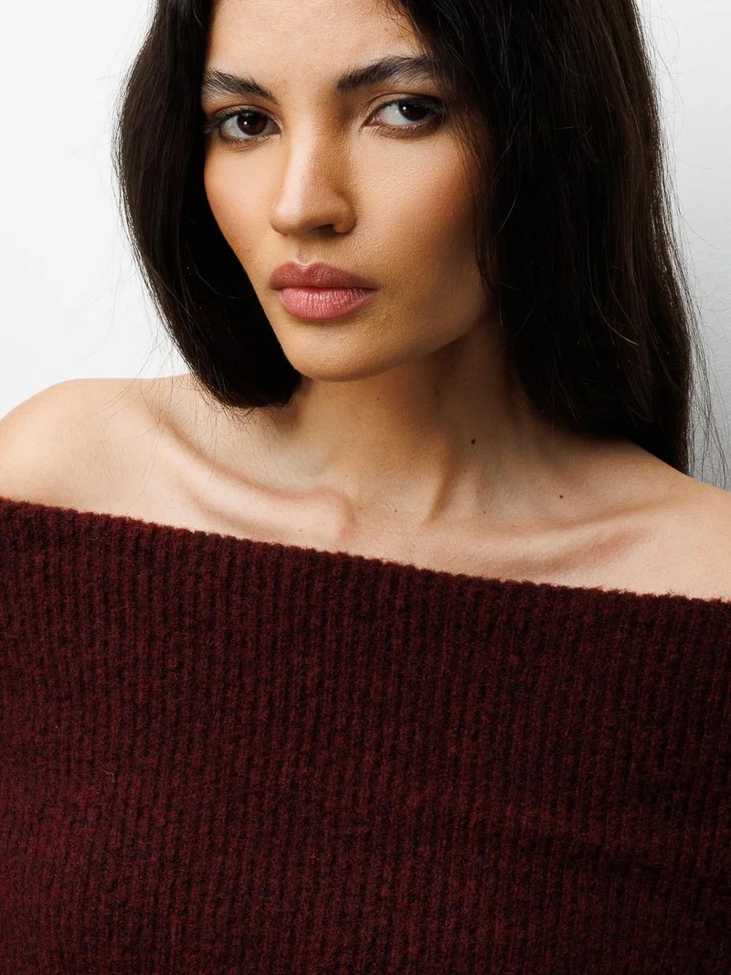 Mixray Burgundy Red MIXRAY Loose Fit Ribbed Madonna Collar Sweater for Women | Best Price UAE