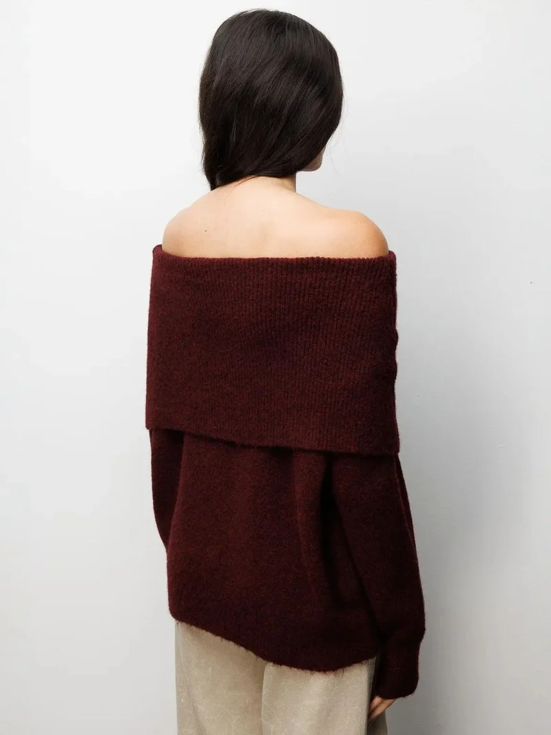 Mixray Burgundy Red MIXRAY Loose Fit Ribbed Madonna Collar Sweater for Women | Best Price UAE