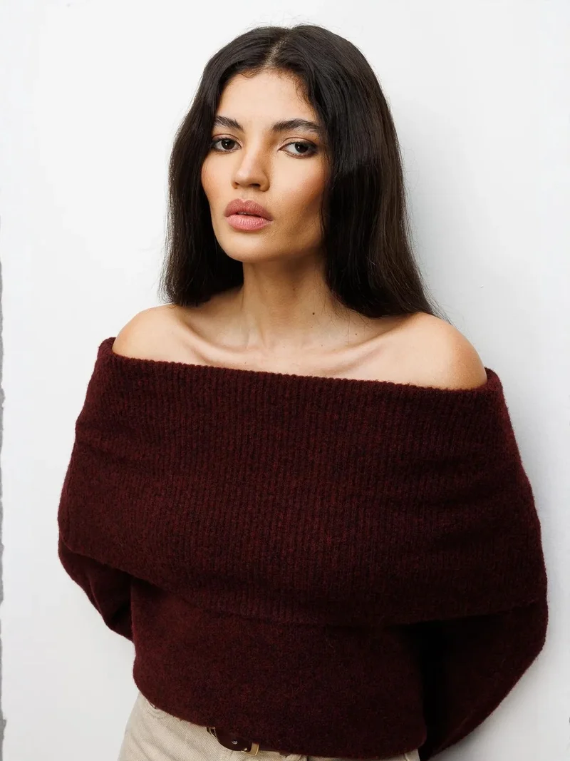 Mixray Burgundy Red MIXRAY Loose Fit Ribbed Madonna Collar Sweater for Women | Best Price UAE