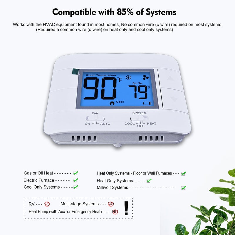 Mroinge Non Programmable Thermostat for Home - Single Stage 1H/1C, with Room Temperature & Humidity Display and Large Blue LCD - Image 5