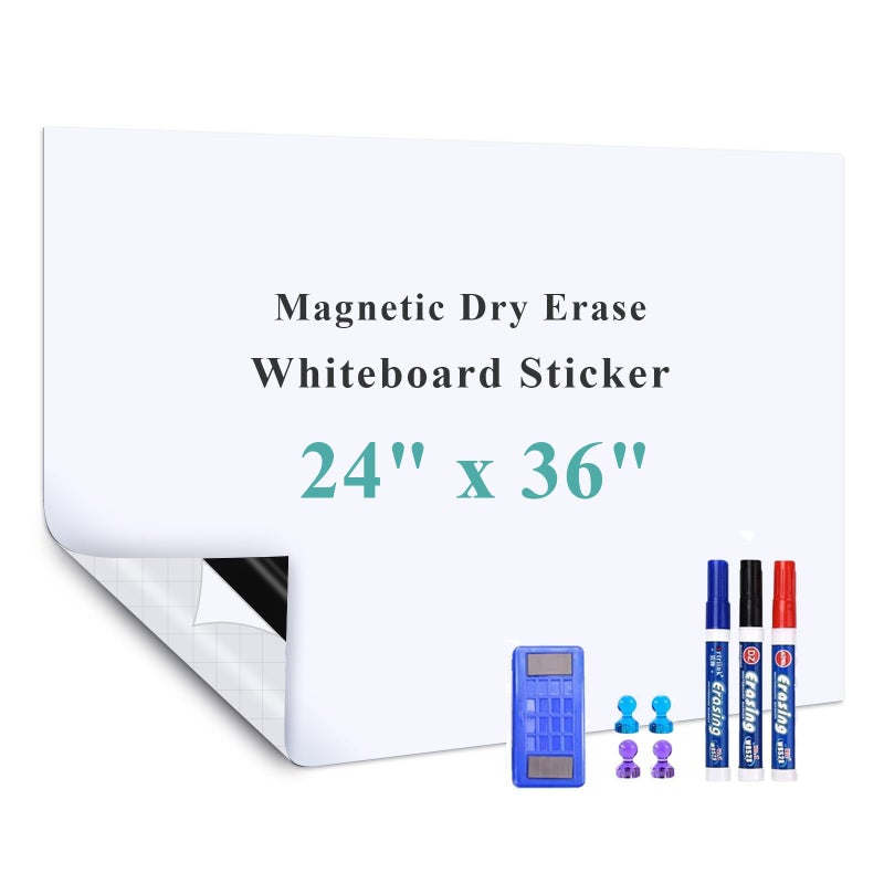 Warasee White Board Adhesive Contact Paper, 24" x 36" Stick on Magnetic Whiteboard Roll, Dry Erase Board for Wall, Easy to Write and Clean Magnetic Board for Kids, Office, Home, with Marker, Eraser - Image 1