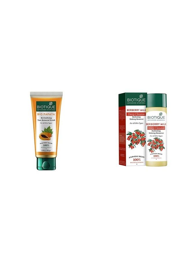 Biotique Bio Papaya Revitalizing Tan Removal Scrub 50G And Bio Berberry Hydrating Cleanser For All Skin Types 120Ml (Pack Of 2) - Image 1