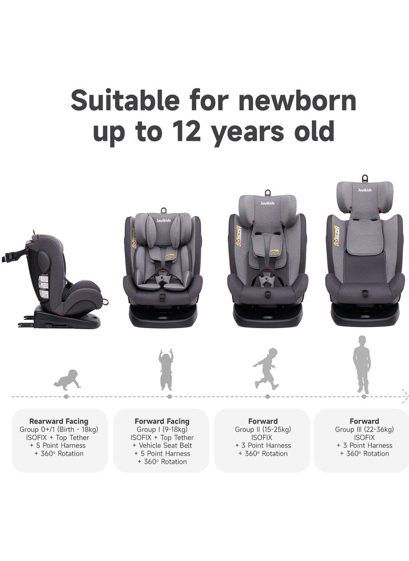 Jovikids Angela Safety Baby Car Seat with Isofix and Top Tether, 360 Degree Swivel Child Seat, Rotating Carseat for Group 0/1/2/3, 0-12 Years Old, ECE R44/04, Black  - Image 3