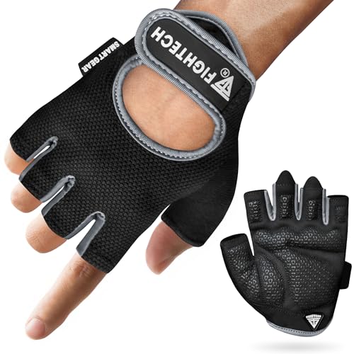 FIGHTECH Workout Gloves for Men and Women | Fingerless Weight Lifting Gym Gloves (Large, Black/Gray) - Image 1
