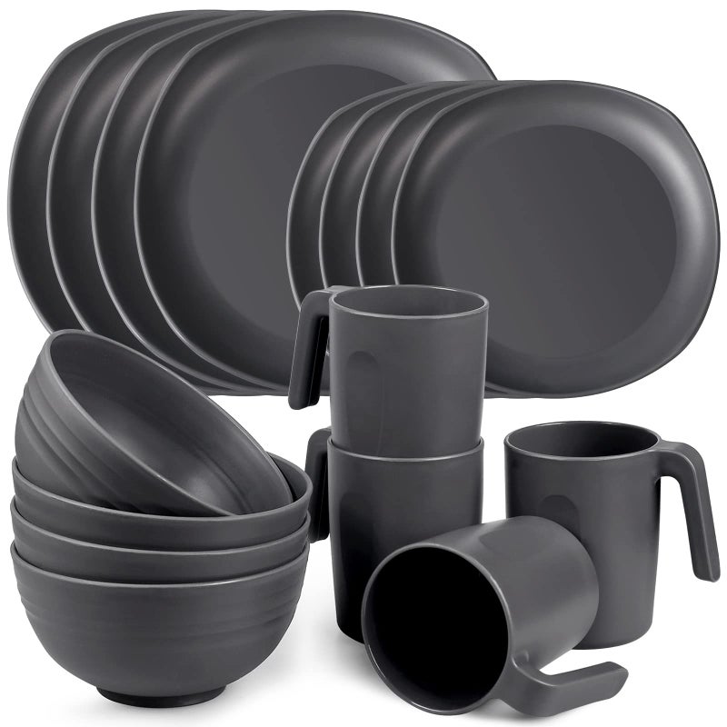 Greentainer Unbreakable Lightweight Dinnerware Sets Plastic Dinner Set 4 Dining Plates 4 Bowls 4 Cups Microwave and Dishwasher Safe Camping Tableware for Kids and Adults Service for 4Grey