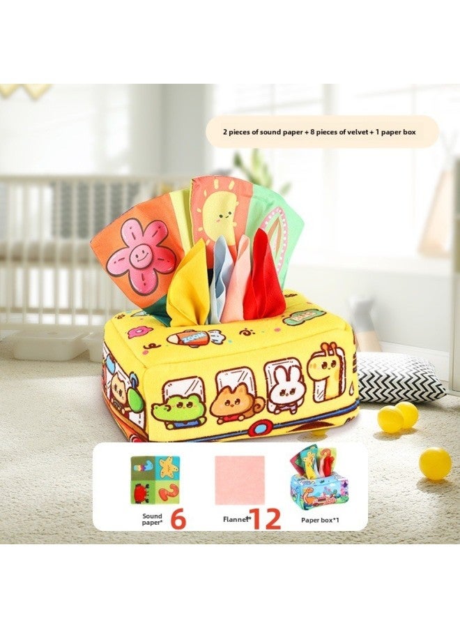 Baby's Puzzle Ring Paper Toy 0-3 Years Old Finger Internet Popular Tear Not To Rip Baby Early Education Children's Cloth Book Tissue Box-Color:Bus (paper Box 1 + 12 Velvet Cloth + 6 Sound Paper)  - Image 1