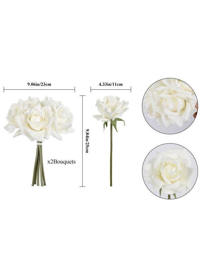 IPOPU White Roses Artificial Flowers,2 Bouquets 10PCS Real Touch Faux Roses with Stems for Wedding Party Home Table Centerpieces Decoration(White) - Image 2