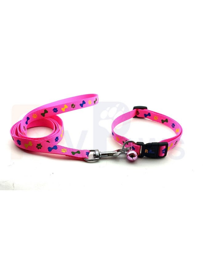 طقم طوق ومقود من النايلون مقاس 15 مم مطبوع عليه صورة جرو مع جرس، طوق ومقود بإبزيم قابل للتعديل، مثالي لتدريب/مشي الجراء والكلاب الصغيرة (وردي) - Image 1