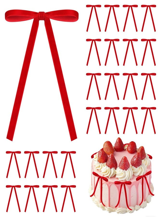 Teircno 24 Pcs Red Velvet Gift Wrapping Bows, Velvet Ribbon Bow for Gift Wrapping, Crafts, Party, Premade Twist Tie Bows for Cake Decor Treat Bags 5x7 Inch - Image 1
