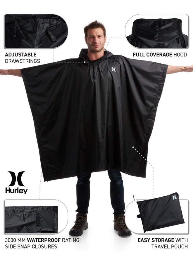 Hurley Unisex Rain Ponchos For Adults - Hooded Waterproof Rain Coats For Women And Men - Packable Rain Jacket For Travel, Black  - Image 2