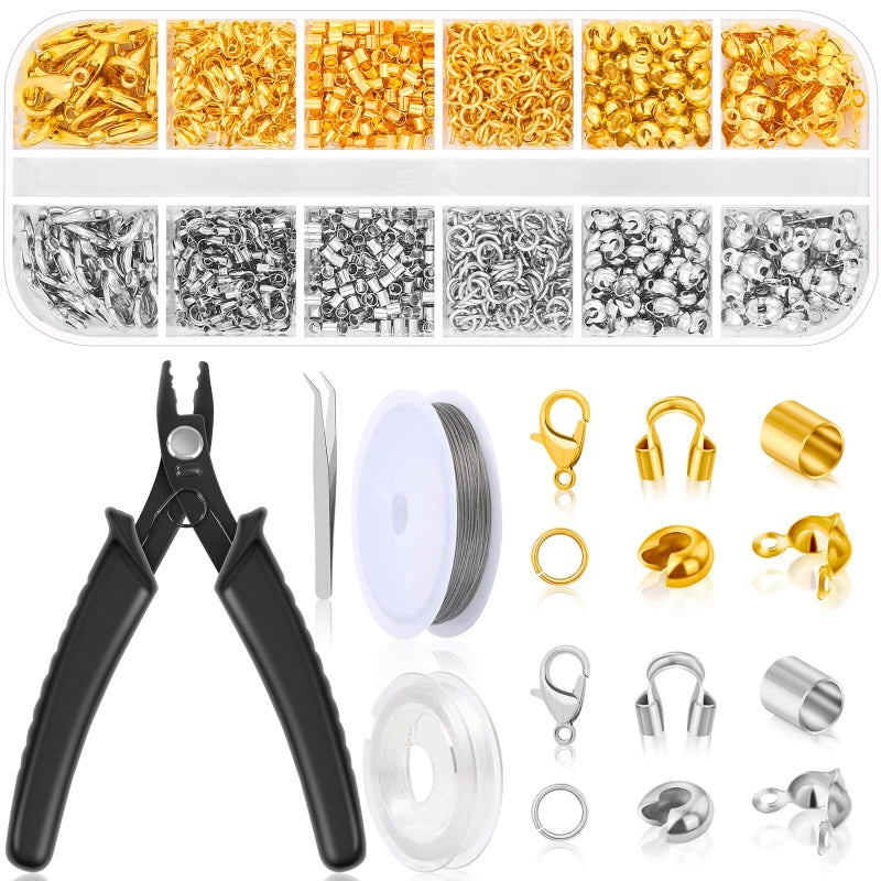 Thrilez 1200Pcs Crimp Beads Supplies for Jewelry Making, Including Crimp covers, Crimp Tubes, Bracelet Clasps and Closures, Crimp Ends, Jump Rings, Crimping Pliers and Beading Wire for Bracelets Making - Image 1