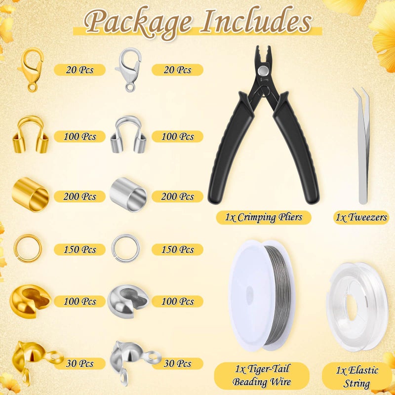 Thrilez 1200Pcs Crimp Beads Supplies for Jewelry Making, Including Crimp covers, Crimp Tubes, Bracelet Clasps and Closures, Crimp Ends, Jump Rings, Crimping Pliers and Beading Wire for Bracelets Making - Image 2