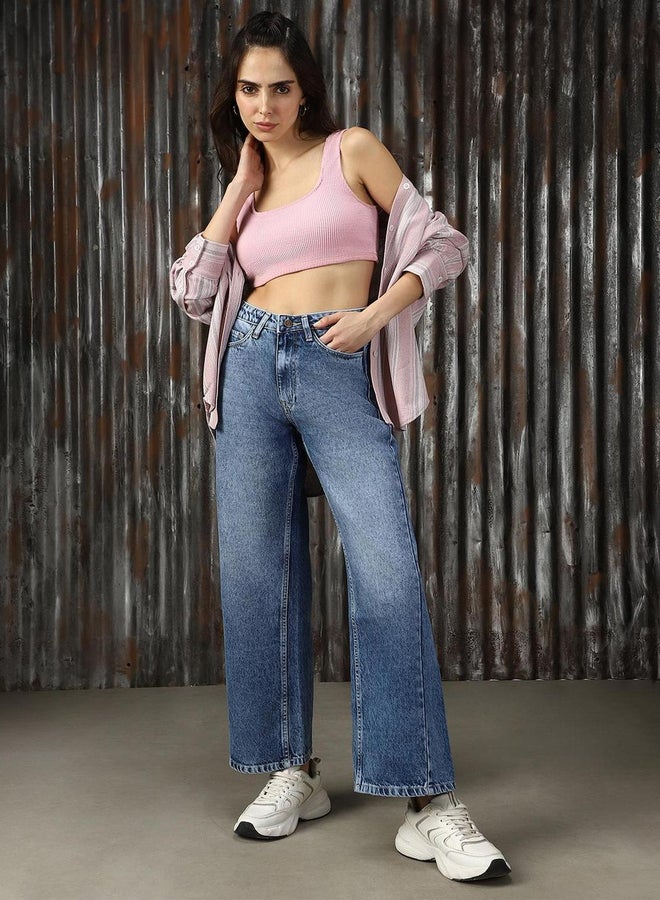 هاي ستار جينز بقصة عادية وخصر مرتفع بتأثير باهت - Image 1