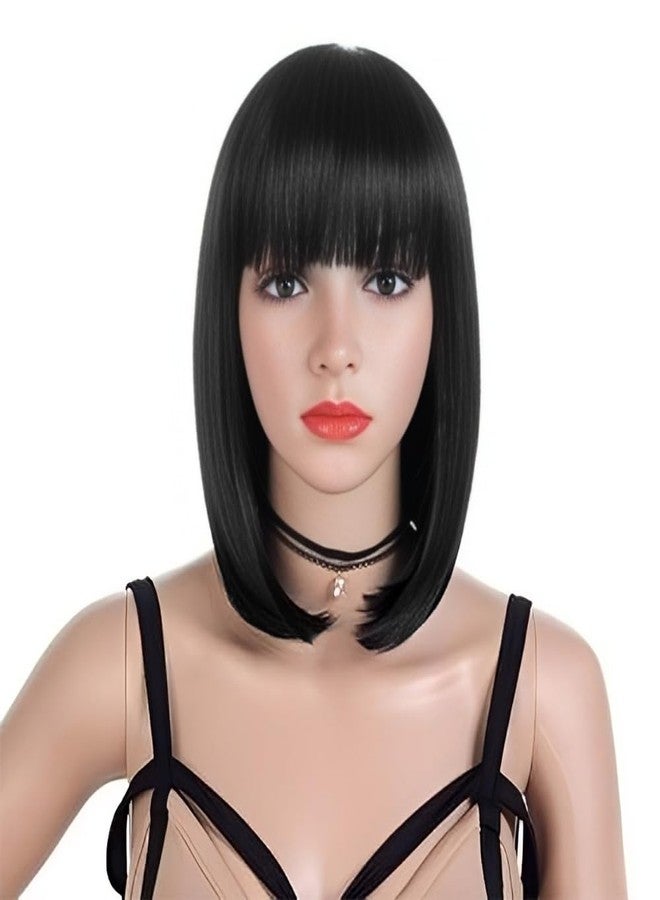 BLUSHIA 14 Inch Short Hair Wig for Women Full Head Shoulder Length Straight Wigs with Bangs Synthetic Wigs for Cosplay Diwali, Black Color - Image 3
