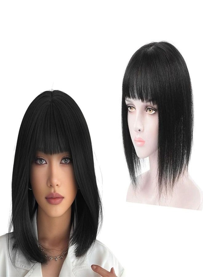BLUSHIA 14 Inch Short Hair Wig for Women Full Head Shoulder Length Straight Wigs with Bangs Synthetic Wigs for Cosplay Diwali, Black Color - Image 1
