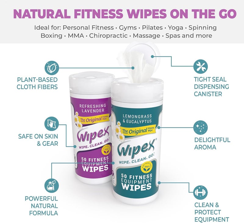 Wipex Original Fitness Equipment Wipes - Natural Plant Based Gym Wipes, Clean Surfaces at Home or Gym, Use as a Yoga Mat Cleaner, Peloton Cleaners - Lemongrass & Vinegar, 50 Count (Pack of 3) - Image 3