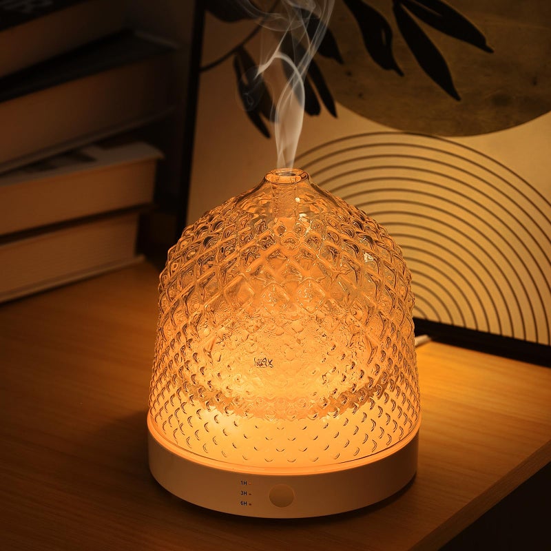 Lecdura Glass Essential Oil Diffuser 200ml Ultrasonic Aroma Diffusers with Glass Reservoir Dome White Plastic Base Lock Color AutoOff Timer 7 Color Light for Home Office Bedroom Yoga