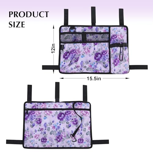 CLEKEGBAG Walker Accessories for Folding Bag Walker Seniors Organizer Storage Pouch Cup Holder Carry with Pockets Detachable Purple Flower - Image 3