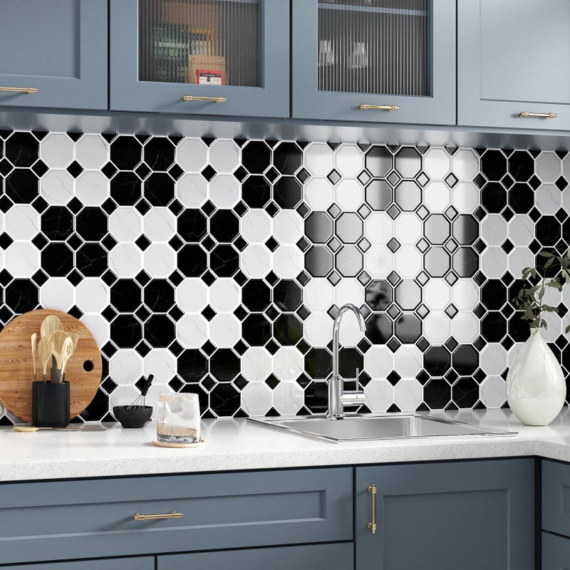 Wallercity Black/White Marble Peel and Stick Backsplash Tiles 12''x12'' Kitchen Stone Waterproof Self Adhesive Marble Look Wall Tile Stick on Backsplash for Laundry Bathroom Wall Decor Stikcers 10PCS - Image 2