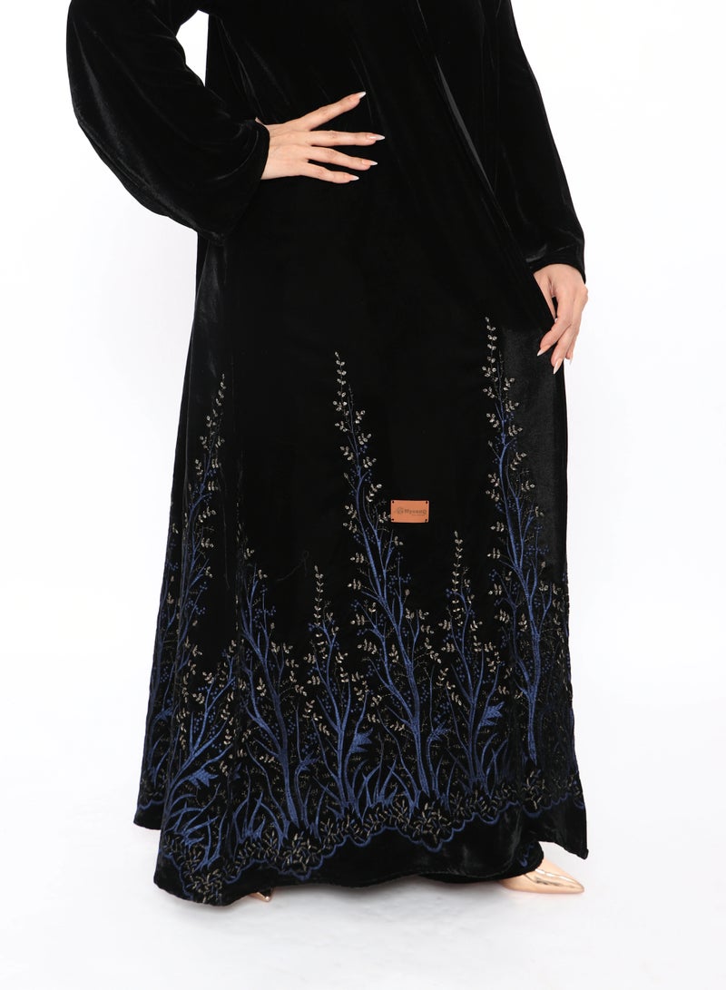 MyesuQ An elegant winter abaya with a floral print at the bottom made from velvet fabric - Image 5