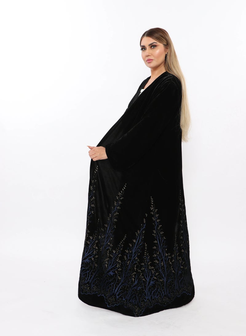 MyesuQ An elegant winter abaya with a floral print at the bottom made from velvet fabric - Image 1
