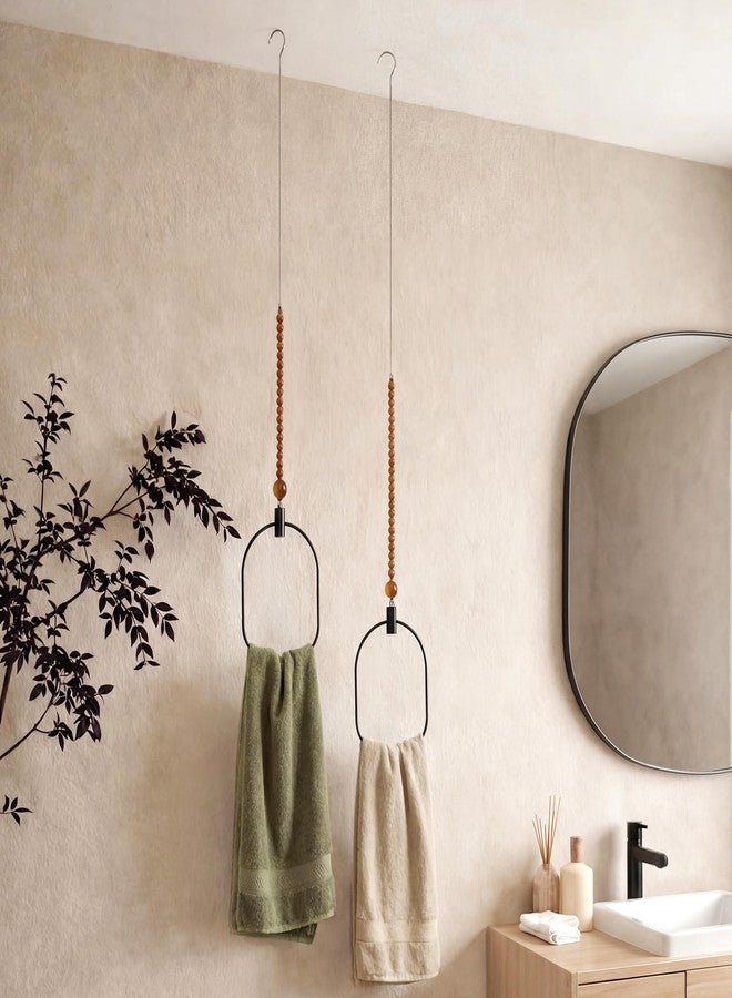 Maxdot 2 Pack Ceiling Hanging Towel Rack, Black Metal Vertical Towel Holder Ceiling Mounted with String Wooden Bead, Rustic Hand Towels Hanger Saving Space for Bathroom Kitchen Laundry Room, 59+8 Inch - Image 1