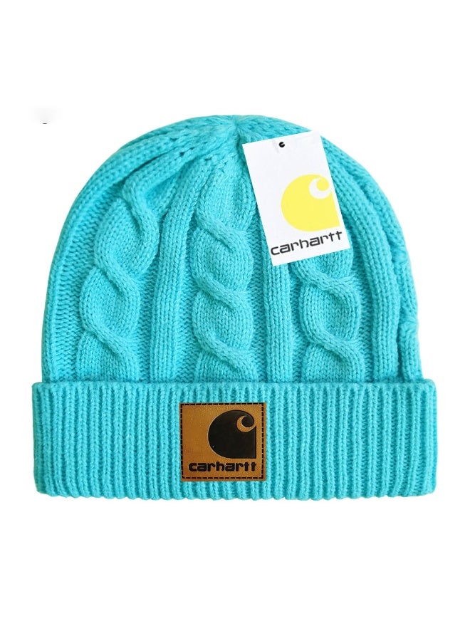 Carhartt Klein Sky Blue Cable-Knit Beanie, Classic Leather Patch Retro Cuffed Beanie