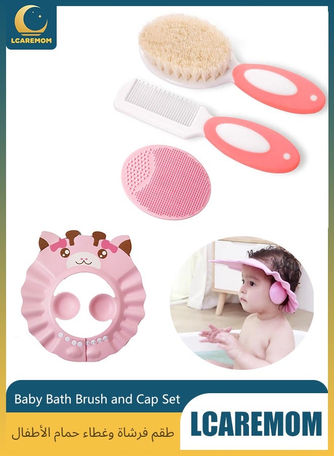LCAREMOM 3 PCS Soft Bristles Baby Hair Bath Brush with Shower Cap, Hair Brush and Comb Set for Newborns and Toddlers, Adjustable Silicone Shampoo Visor Bath Hat, Bath Washing Aids for Baby Toddler Children Kids (Pink) ﻿ - Image 1