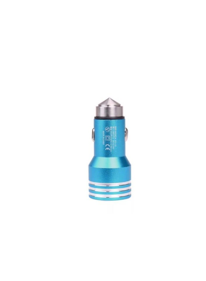 Dual Usb Metal Alloy Car Charger Adapter With Emergency Safety Hammer Function Blue - Image 1