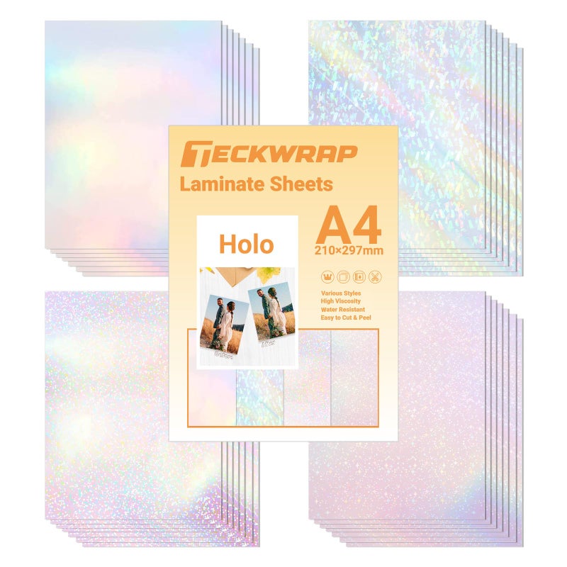 TECKWRAP Holographic Sticker Paper Clear Overlay Lamination Vinyl Patterns Laminate Film 826 x 1169 A4 Size 28 sheetsPack for Craft Scrapbooking Craft Cutters RainbowGemGalaxy Star Sparkle