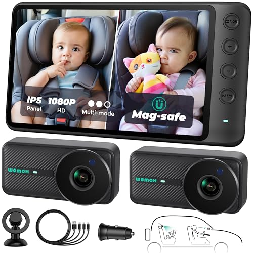 WEMOH Magnetic Dual Baby Car Camera for Two Kids 1080P IPS Display with Magnetic Mount 3 Modes ZoomMirrorSplit Automatic Night Vision USBPowered Car Camera for Baby Rear Facing 2 Cams - Image 1