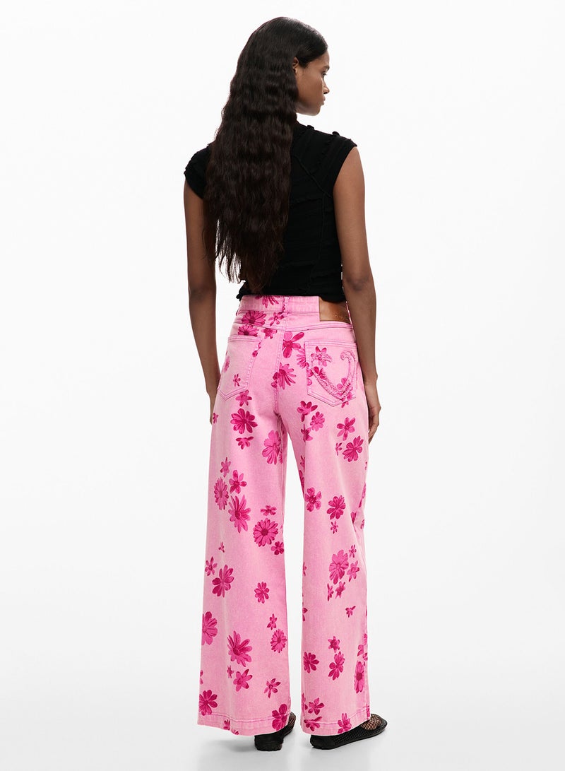 DESIGUAL Denim Trousers, Wide Leg Cut, With Flower Print And Five Pockets. - Image 4