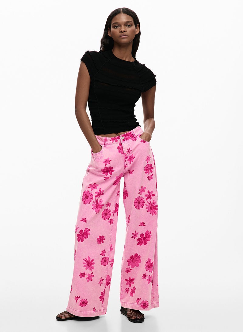 DESIGUAL Denim Trousers, Wide Leg Cut, With Flower Print And Five Pockets. - Image 1