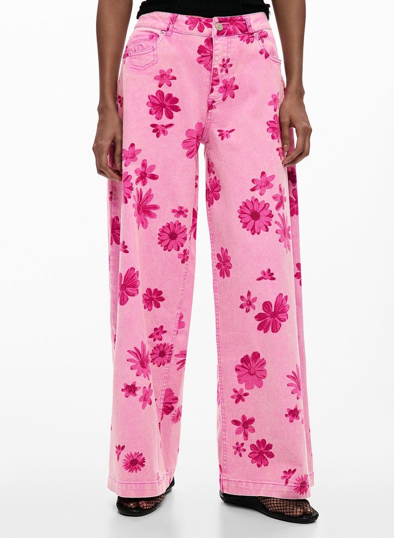DESIGUAL Denim Trousers, Wide Leg Cut, With Flower Print And Five Pockets. - Image 2